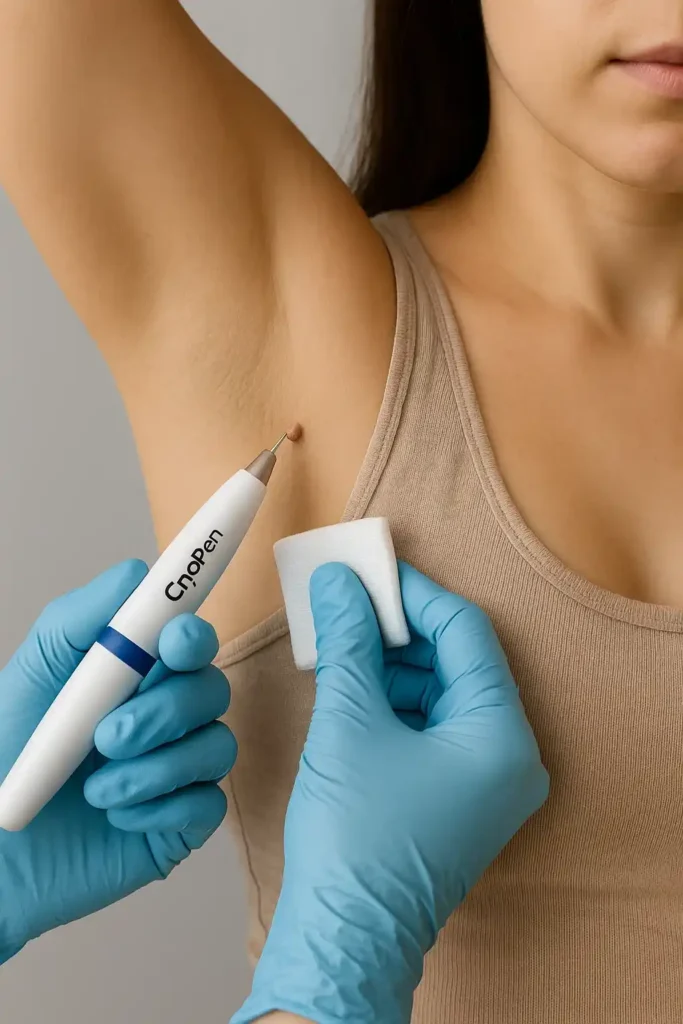 woman having cryopen to remove underarm skin tags Melton Mowbray