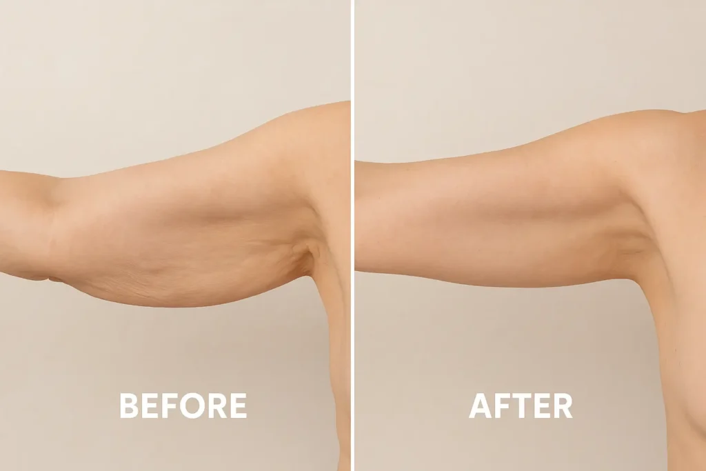 Picture of LA LIPO Melton Mowbray before and after results of skin tightening treatment on the upper arms.
