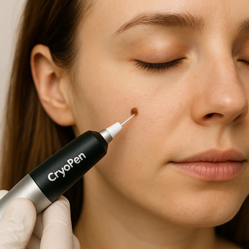 woman receiving facial mole removal Melton Mowbray using cryopen