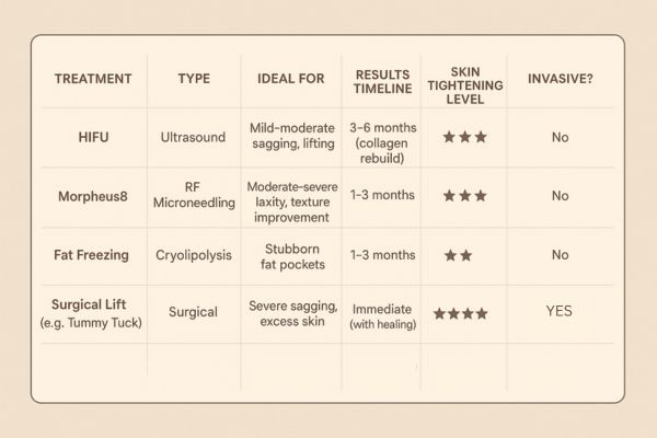 Table showing the comparisons of Skin tightening Melton Mowbray treatment options.